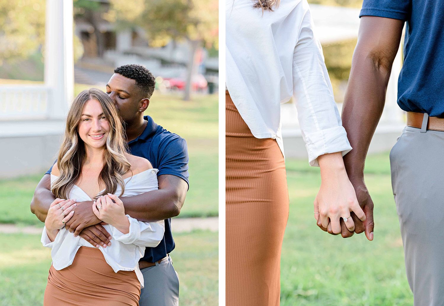 Loving couple in casual attire shares intimate moments during an outdoor photoshoot.