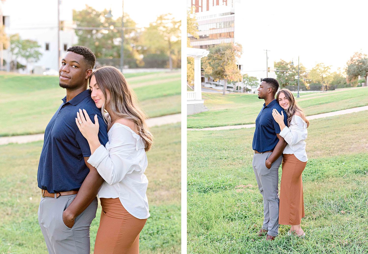 Side-by-side engagement photos showing playful moments between a couple in a park setting.