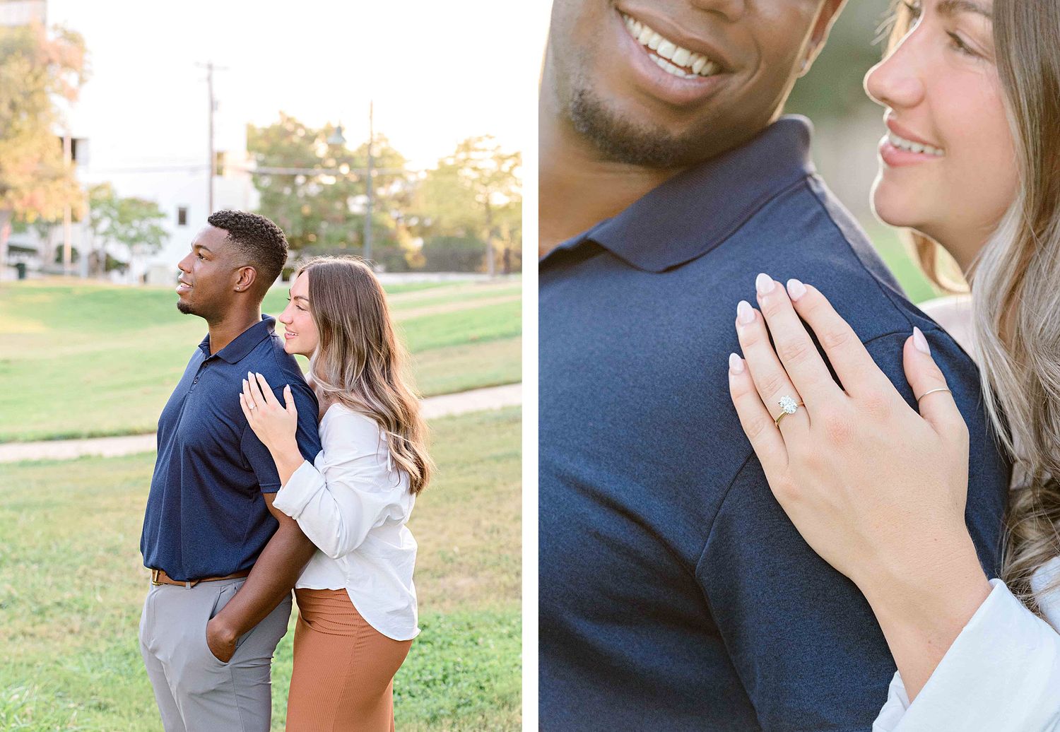 Split image showing tender moments between a couple during their outdoor engagement session.