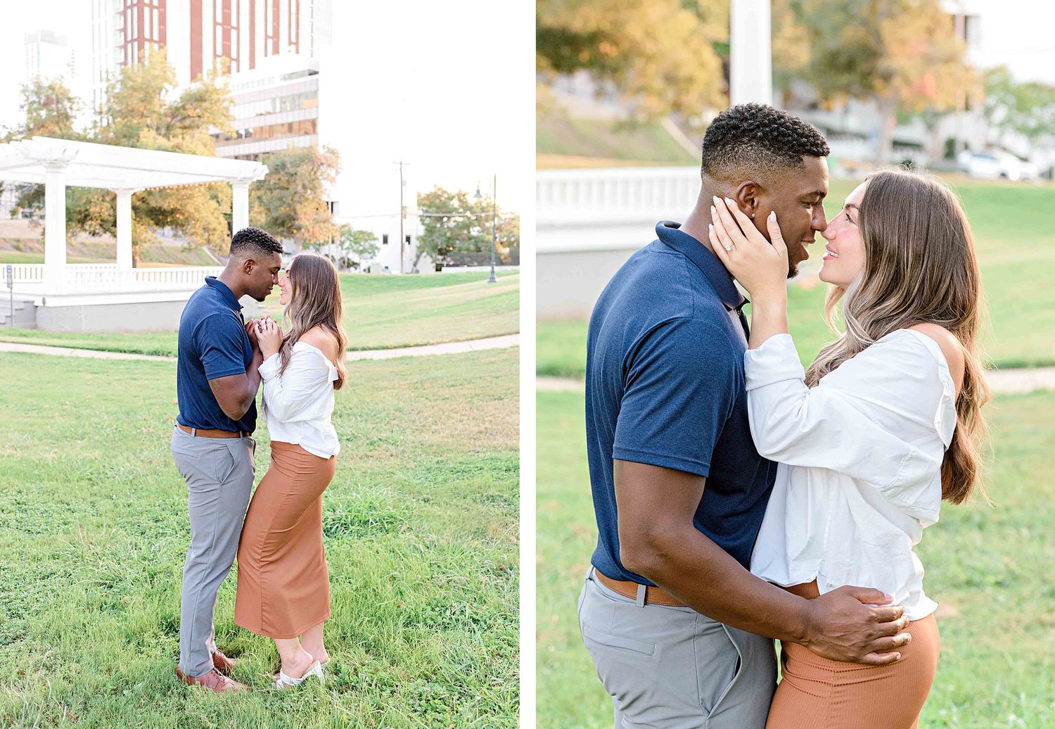 Two engagement photos showing a couple embracing in a park setting.