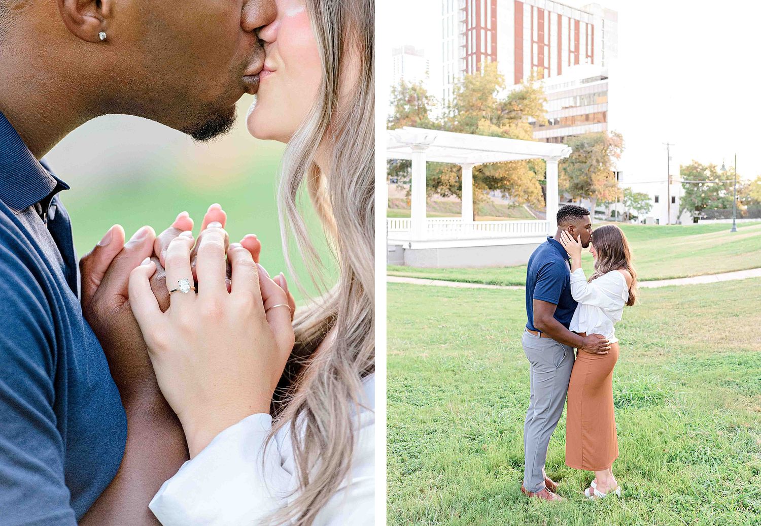 A romantic photoshoot collage showing tender moments between a couple in a park setting.