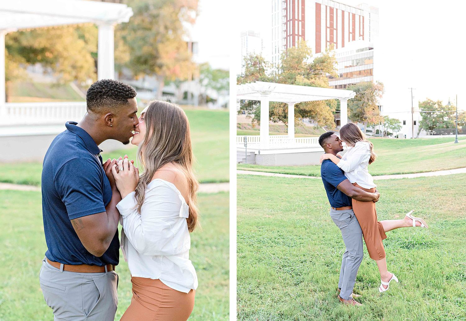 A split image showing romantic poses of a couple during their engagement photoshoot.