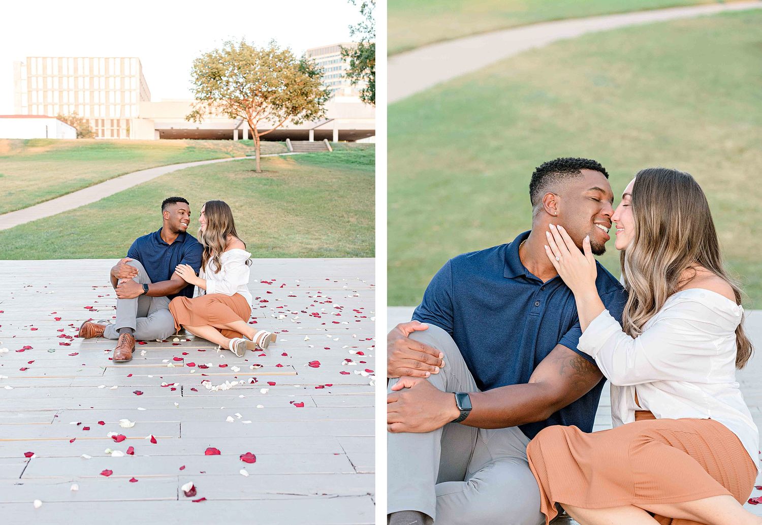 A collection of romantic engagement photos with rose petals scattered on the ground.