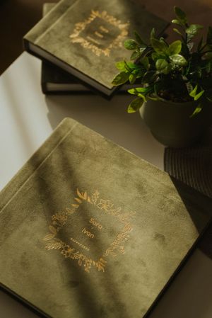 Luxury wedding album with gold embossed details photographed with decorative plants in soft light.