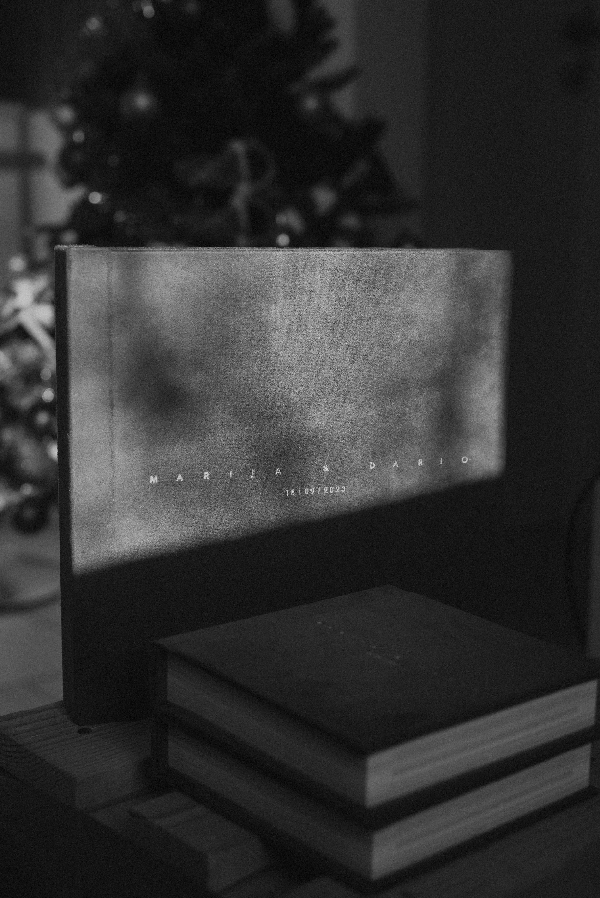 Black and white photo of stacked books with Christmas tree silhouette in background.