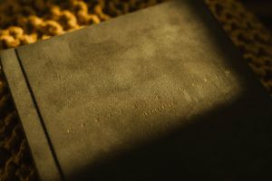 Dark leather-bound book photographed with textured detail and dramatic lighting.