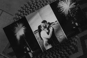 Black and white photographic prints laid out in a cinematic sequence showing artistic wedding memories.