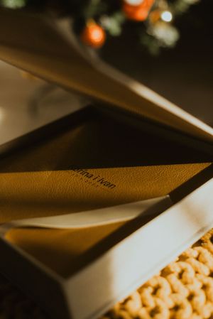 Premium wedding album with gold lettering captured in dramatic side lighting on textured surface.