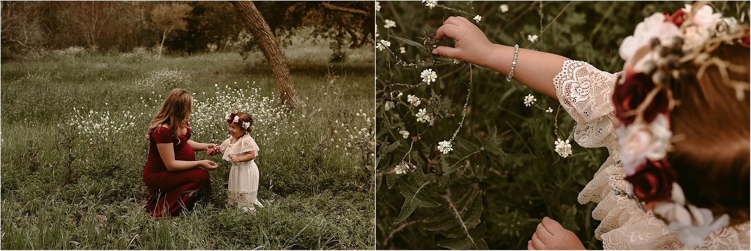 Sweet moments captured during a mother-child photoshoot in a flowering meadow.