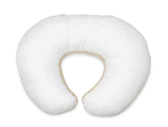 White nursing pillow with curved C-shape design for comfortable feeding support.