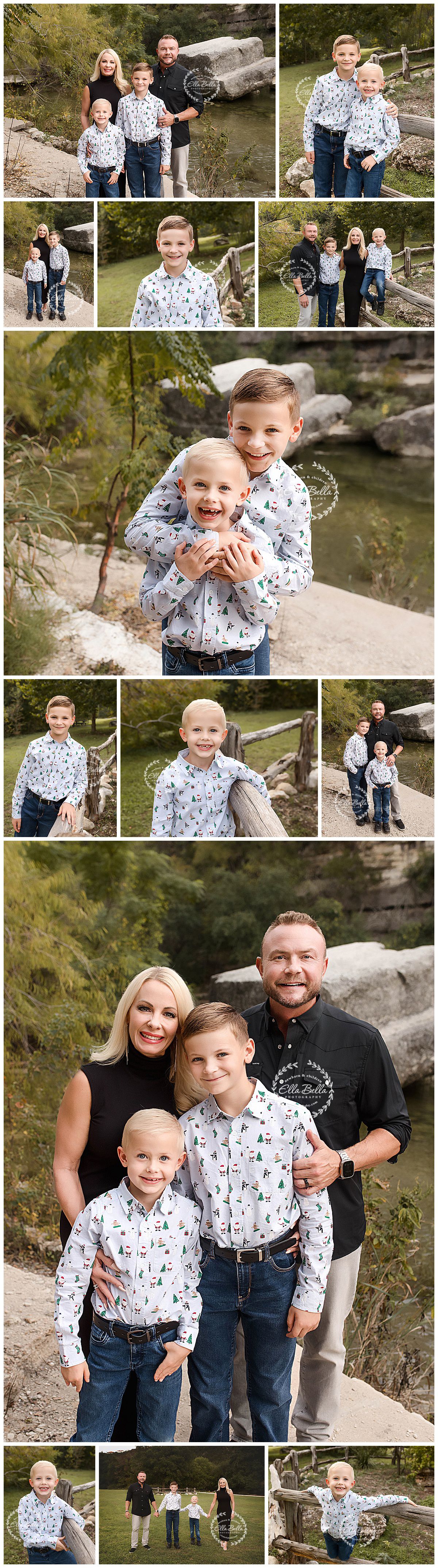 Family photo collection showcasing outdoor portraits by a creek with matching button-down shirts.