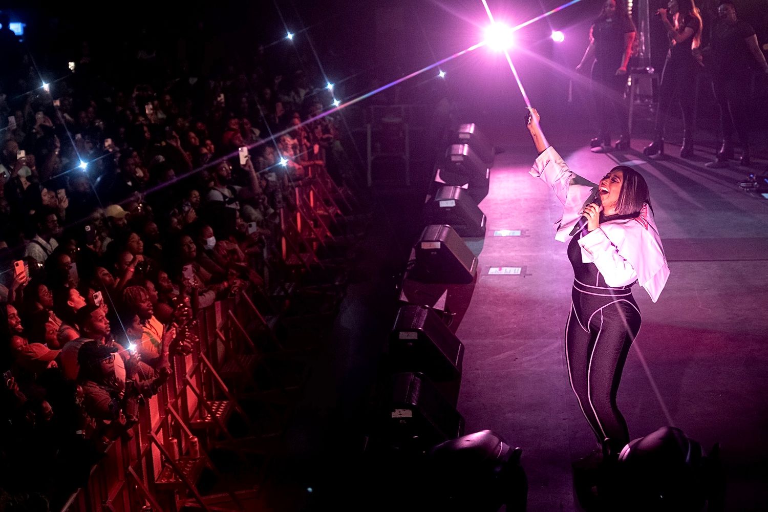 Concert performer on stage with dramatic pink lighting and enthusiastic crowd in the foreground.