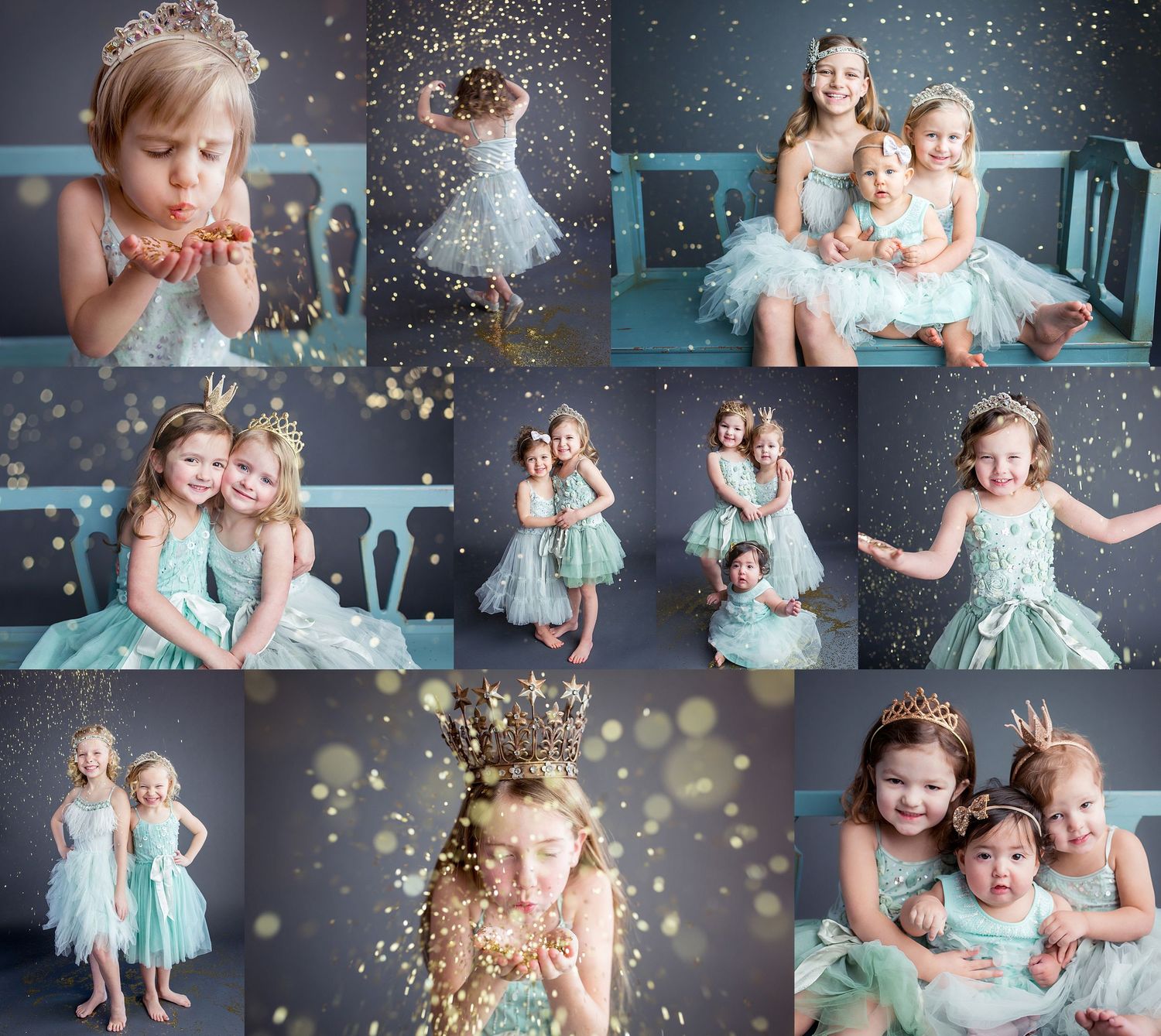 lots of little girls in teal princess dresses and tiaras playing with glitter