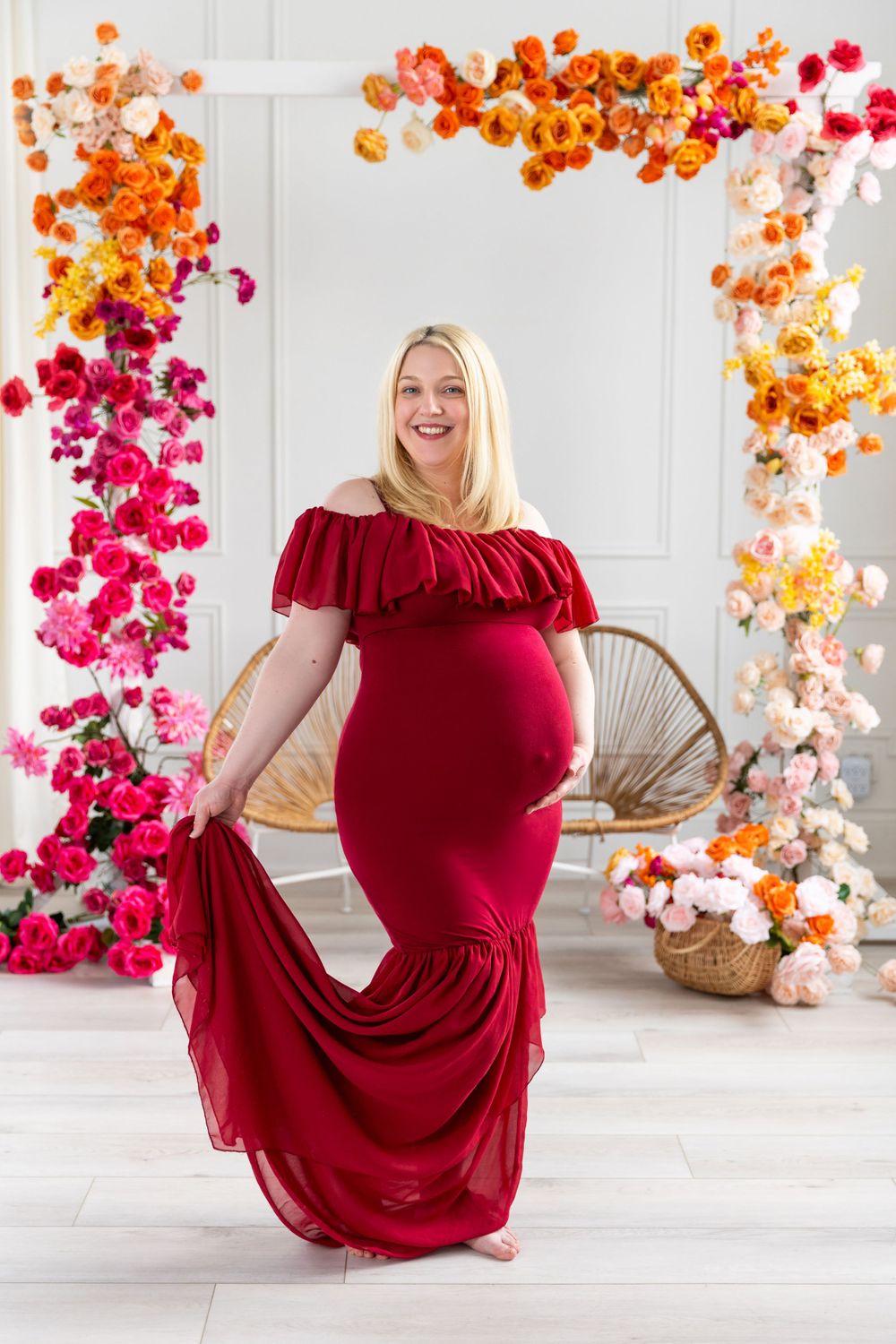Studio session with a gorgeous maternity gown and stunning floral set installation at Mint Room Studios in The Junction Toronto