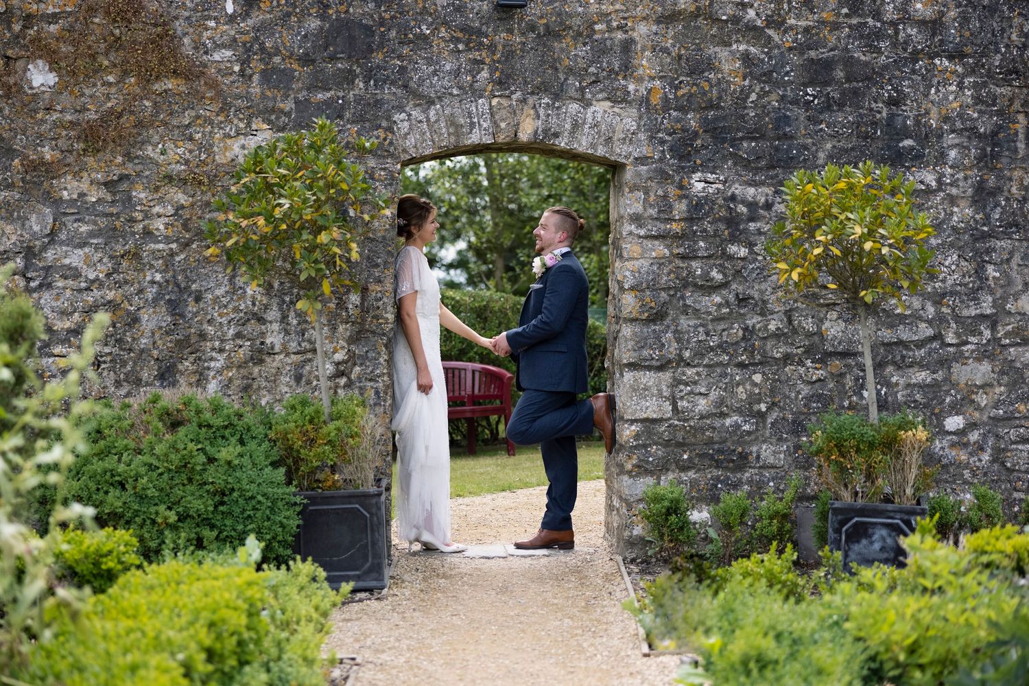 Walled garden Bride & Groom at Gileston Manor