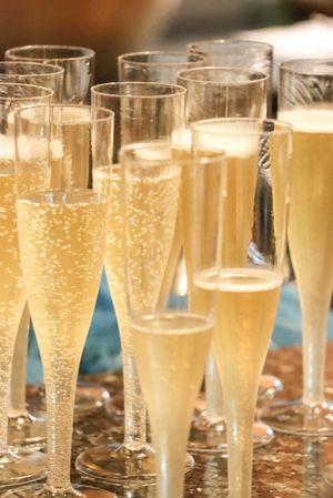 Cora Emilie Media Multiple champagne flutes filled with sparkling wine on reflective surface.