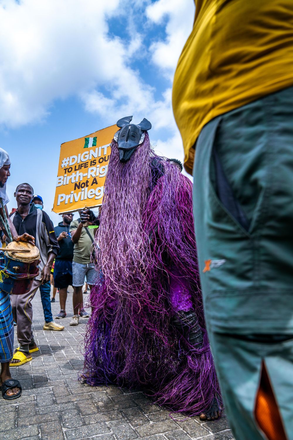 Purple costumed figure holding protest sign in crowd during outdoor demonstration.