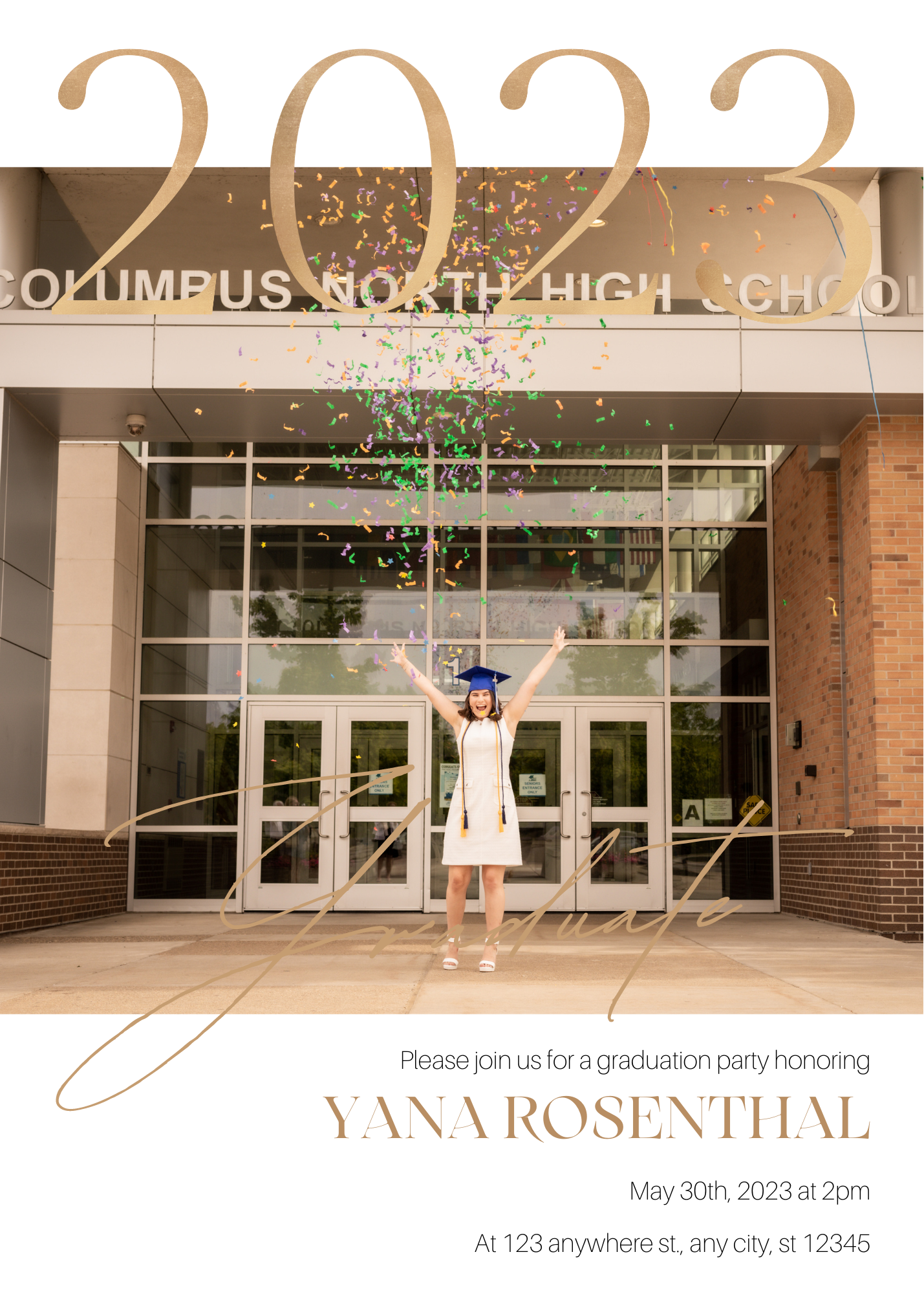 Graduation party invitation design featuring Olympus North High School entrance with confetti overlay.