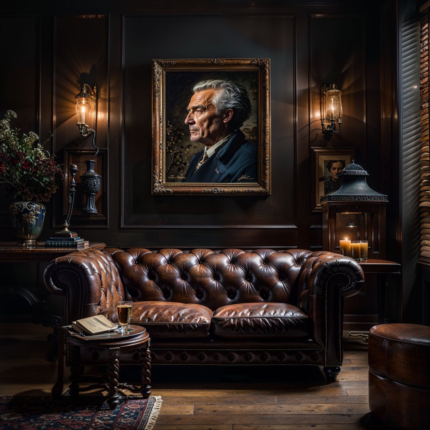 Dark moody interior with leather Chesterfield sofa and portrait lit by wall sconces.