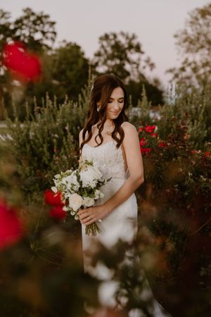 Bride holding white bouquet in garden with red roses and greenery.