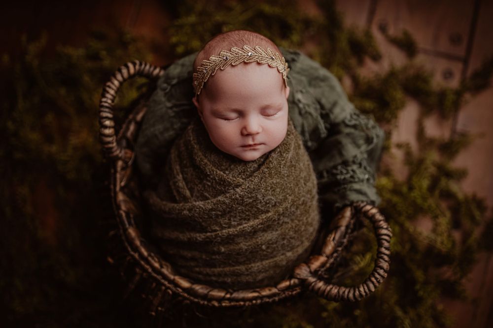 Sleeping newborn wrapped in olive green swaddle lying in rustic woven basket with woodland backdrop.