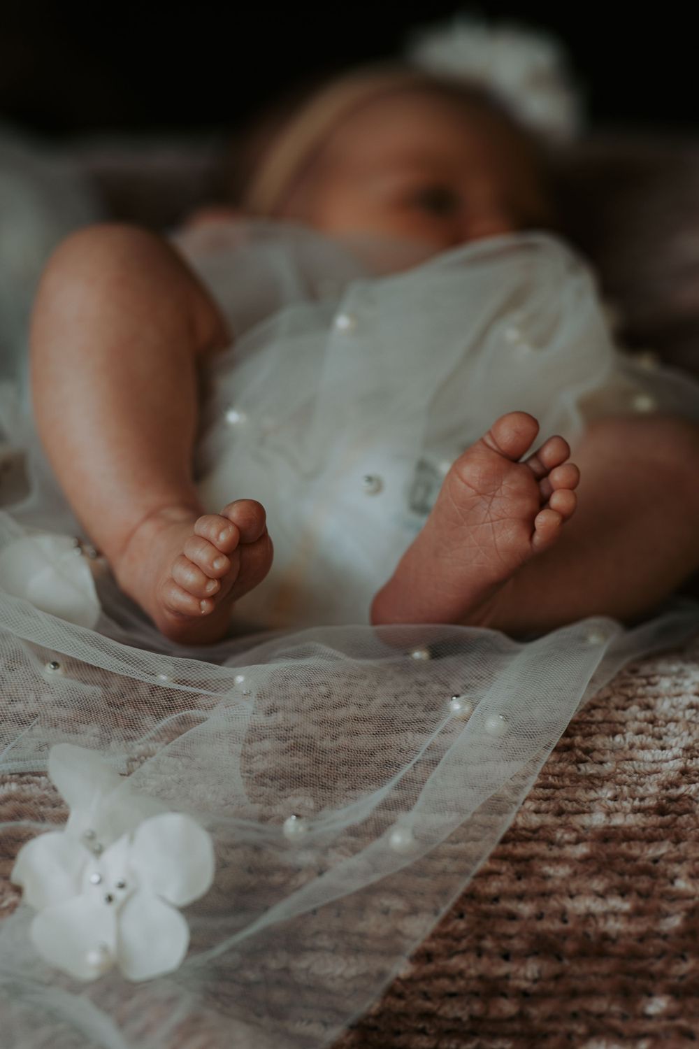 Close-up of a newborn baby's tiny bare feet resting on a textured blanket beside a white flower and a sheer pearl-dotted tulle dress.