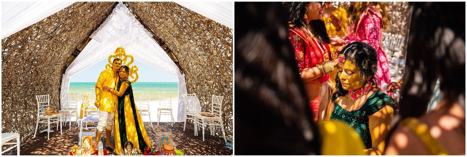 Beach wedding ceremony setup with golden decor and archway framing ocean view.