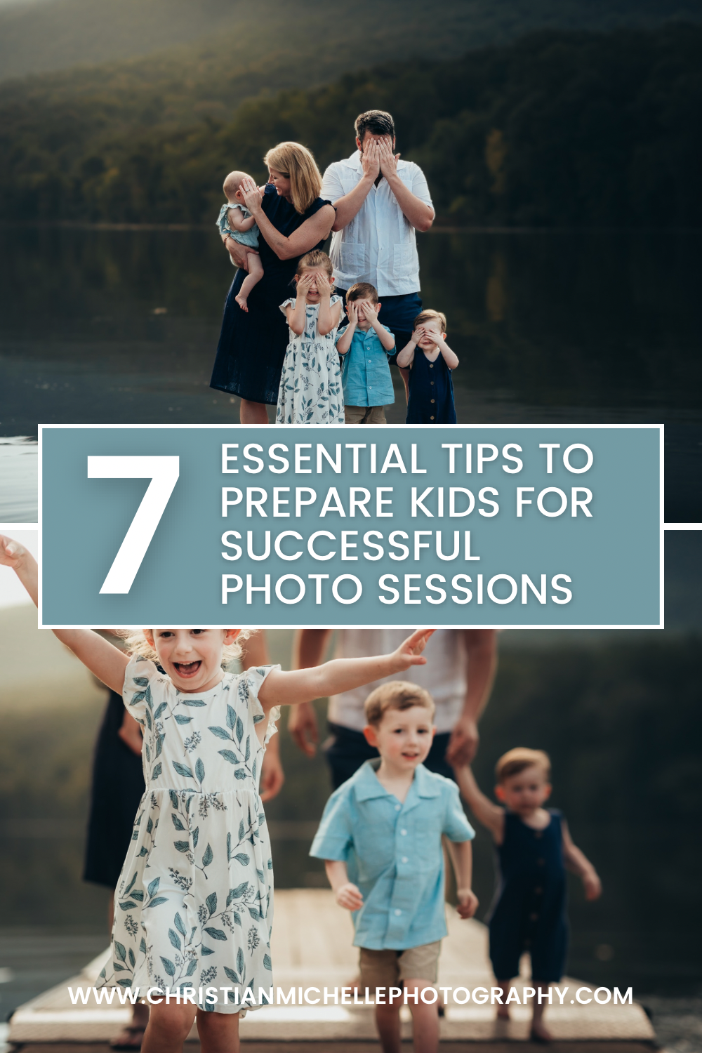 Pinterest-style graphic showing tips for successful family photo sessions.