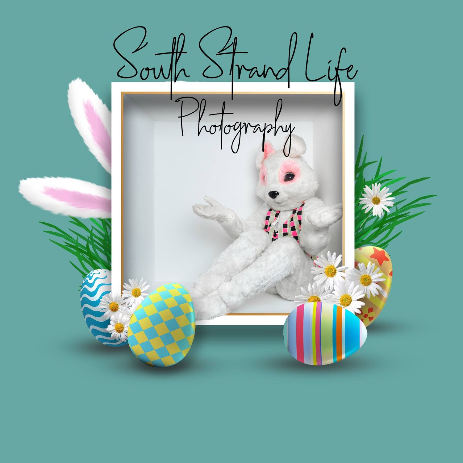 Photography template featuring white bunny figure with Easter eggs and floral decorations.