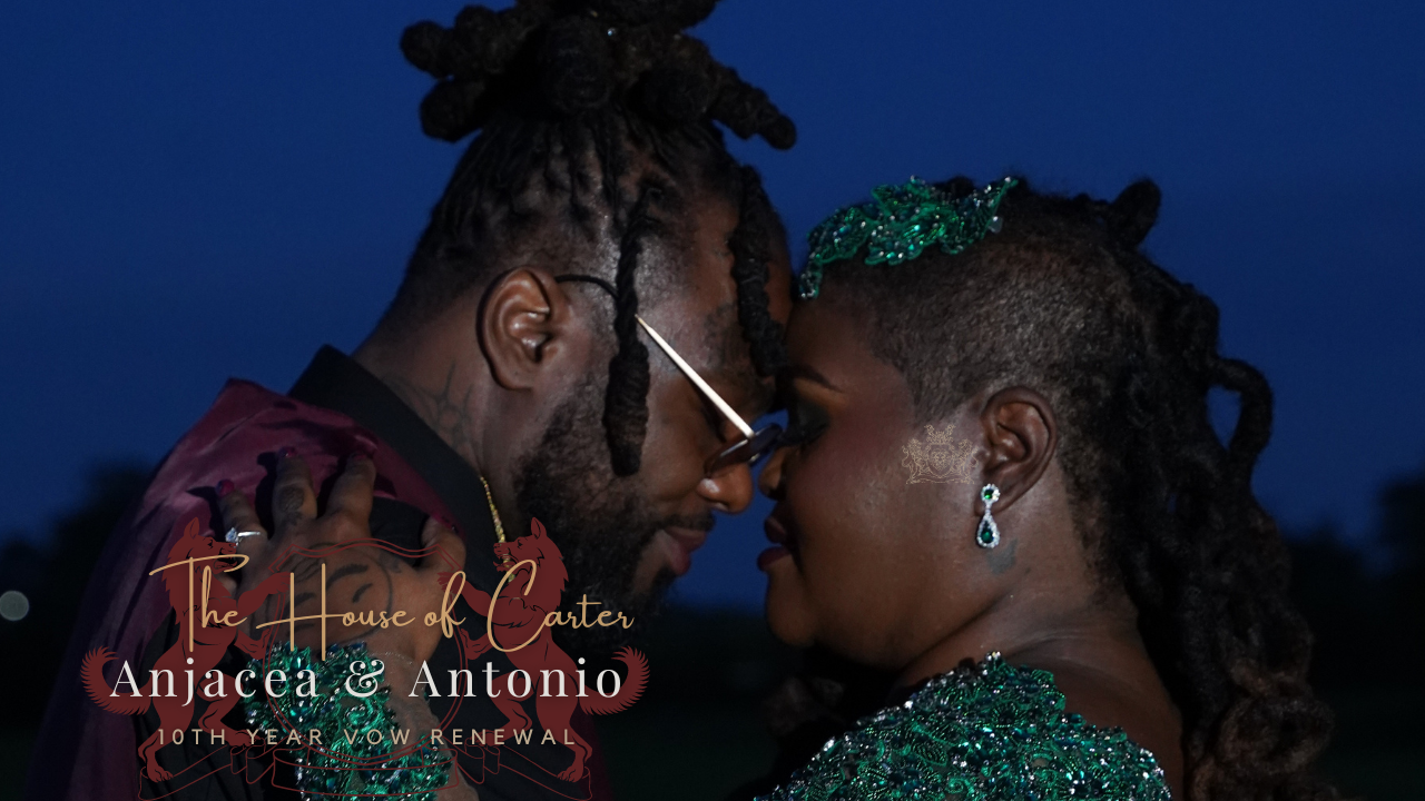 Romantic nighttime portrait of couple with illuminated text overlay.