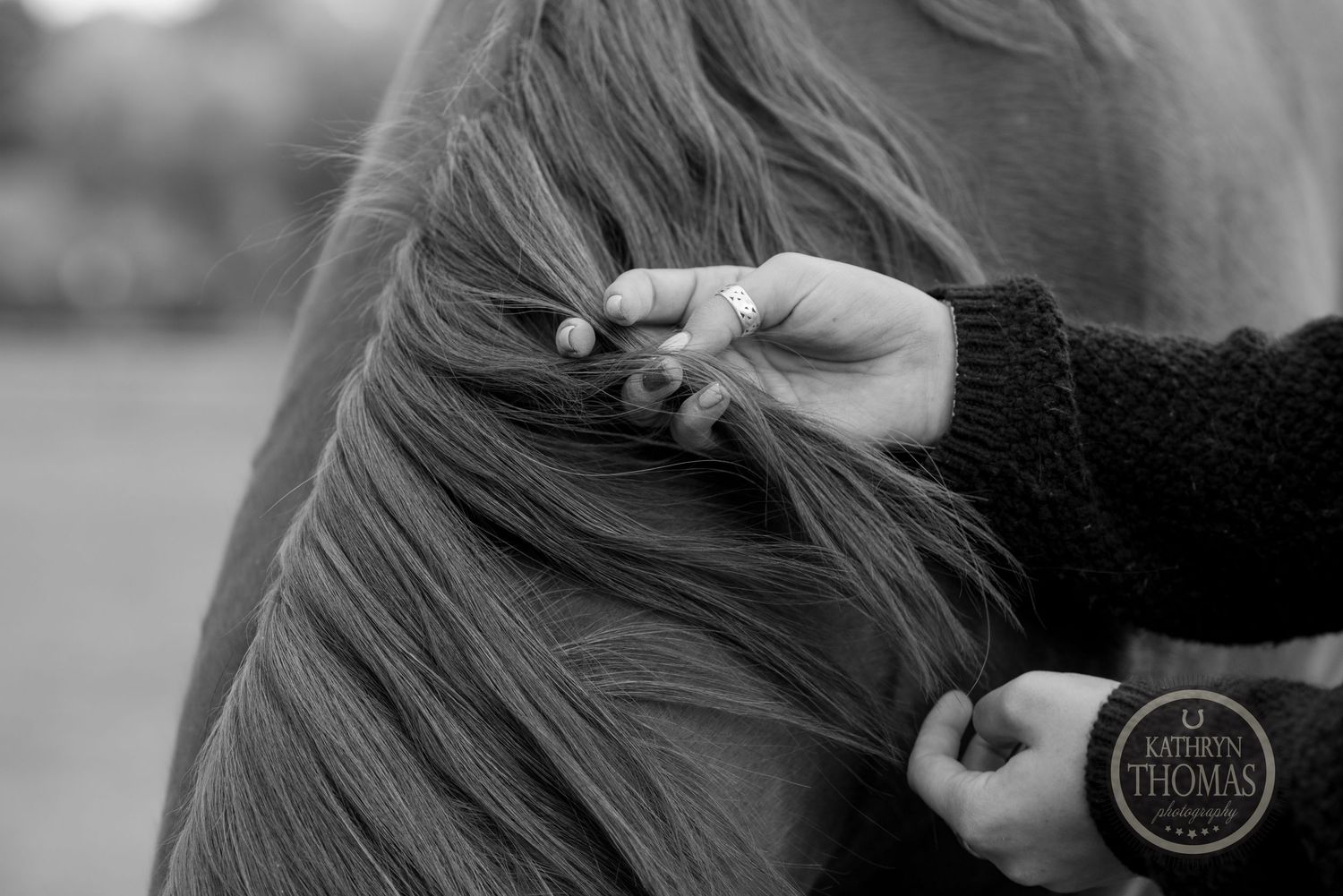 Close-up of hands braiding a horse's mane against a blurred background.