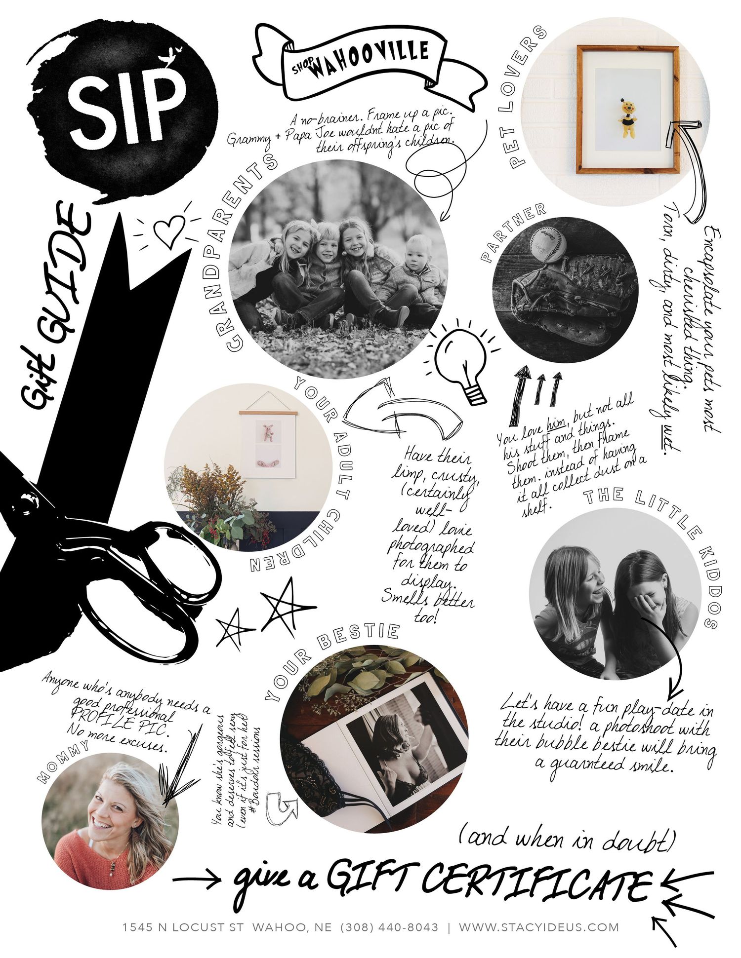 Black and white illustrated gift certificate design with whimsical drawings and text.