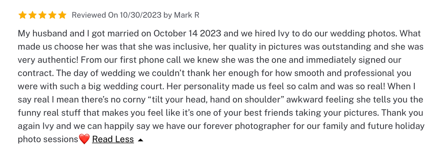 A 5-star customer review praising a wedding photographer's service and inclusive approach.