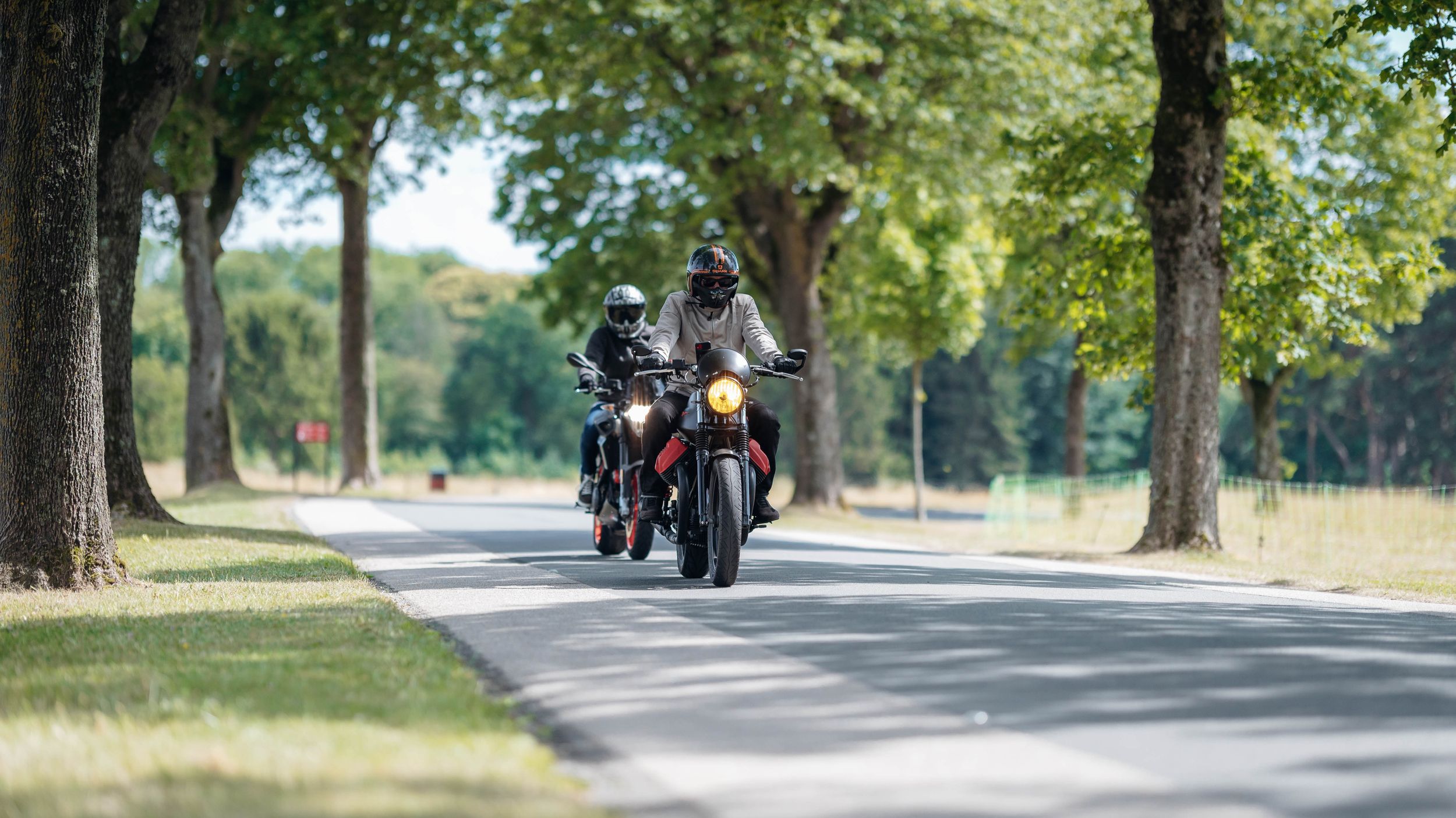 Two motorcyclists riding down tree-lined road on sunny day.