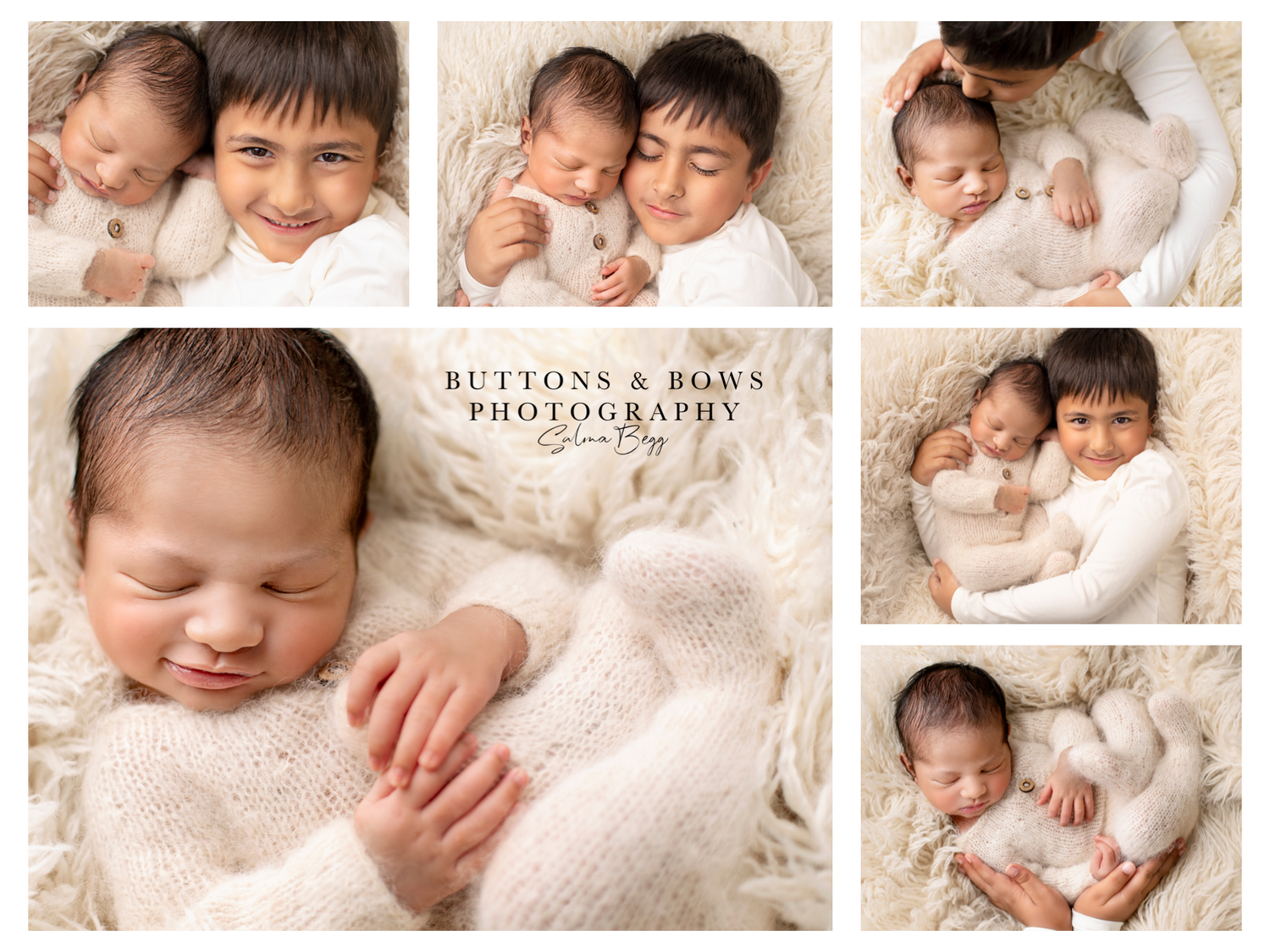 Collection of tender family portrait photos in soft white and cream tones.