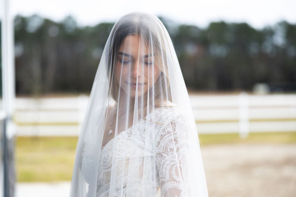 A serene bridal portrait through a sheer veil with pine trees in the background.