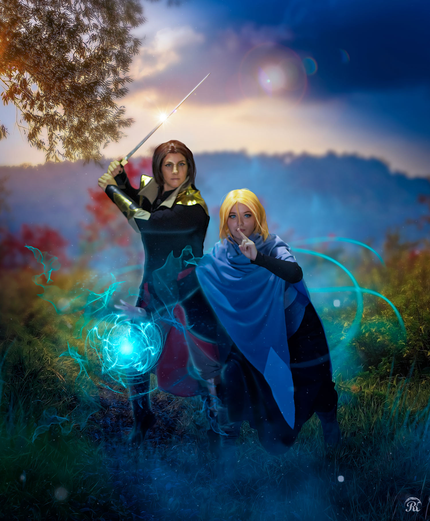 Fantasy cosplay scene with magical blue orb and spellcasting in mystical landscape.