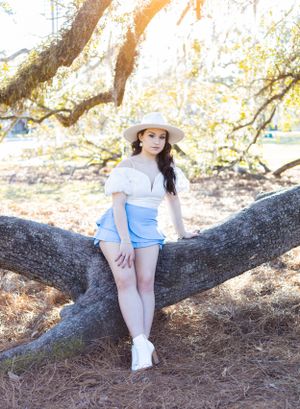 senior girl outside sitting on tree limb with sun shine