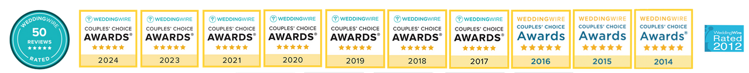 Row of TheKnot Best of Weddings award badges displayed horizontally.