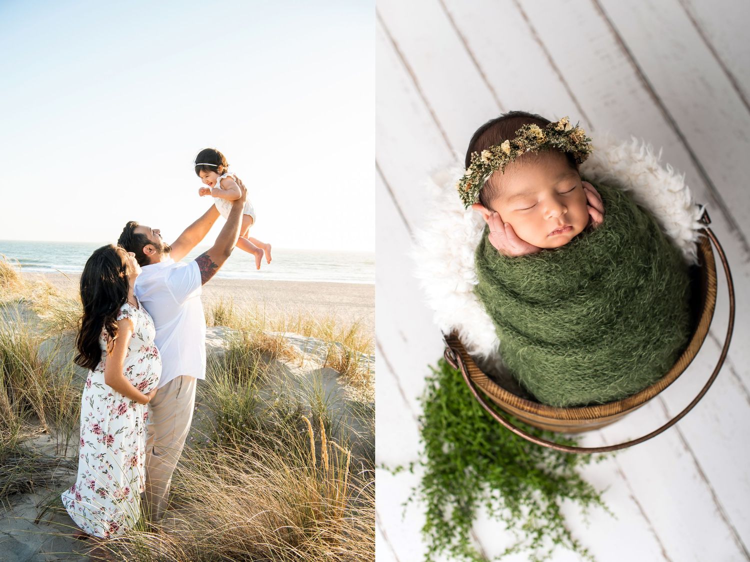 Split image of beach family moment and newborn portrait with greenery and floral crown.
