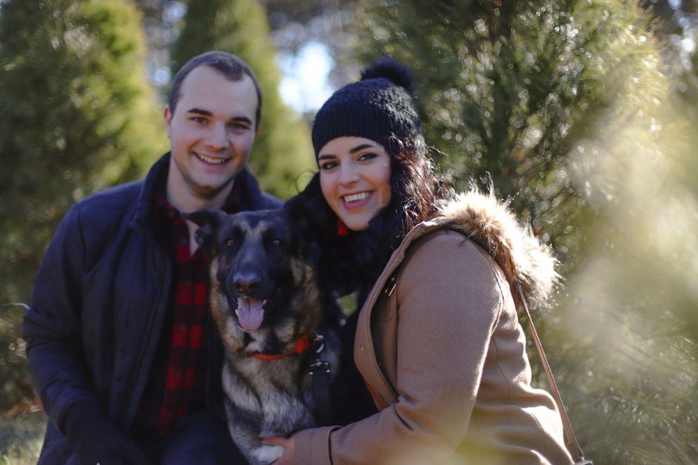 Couple poses with their German Shepherd dog for a winter portrait in a forest setting.