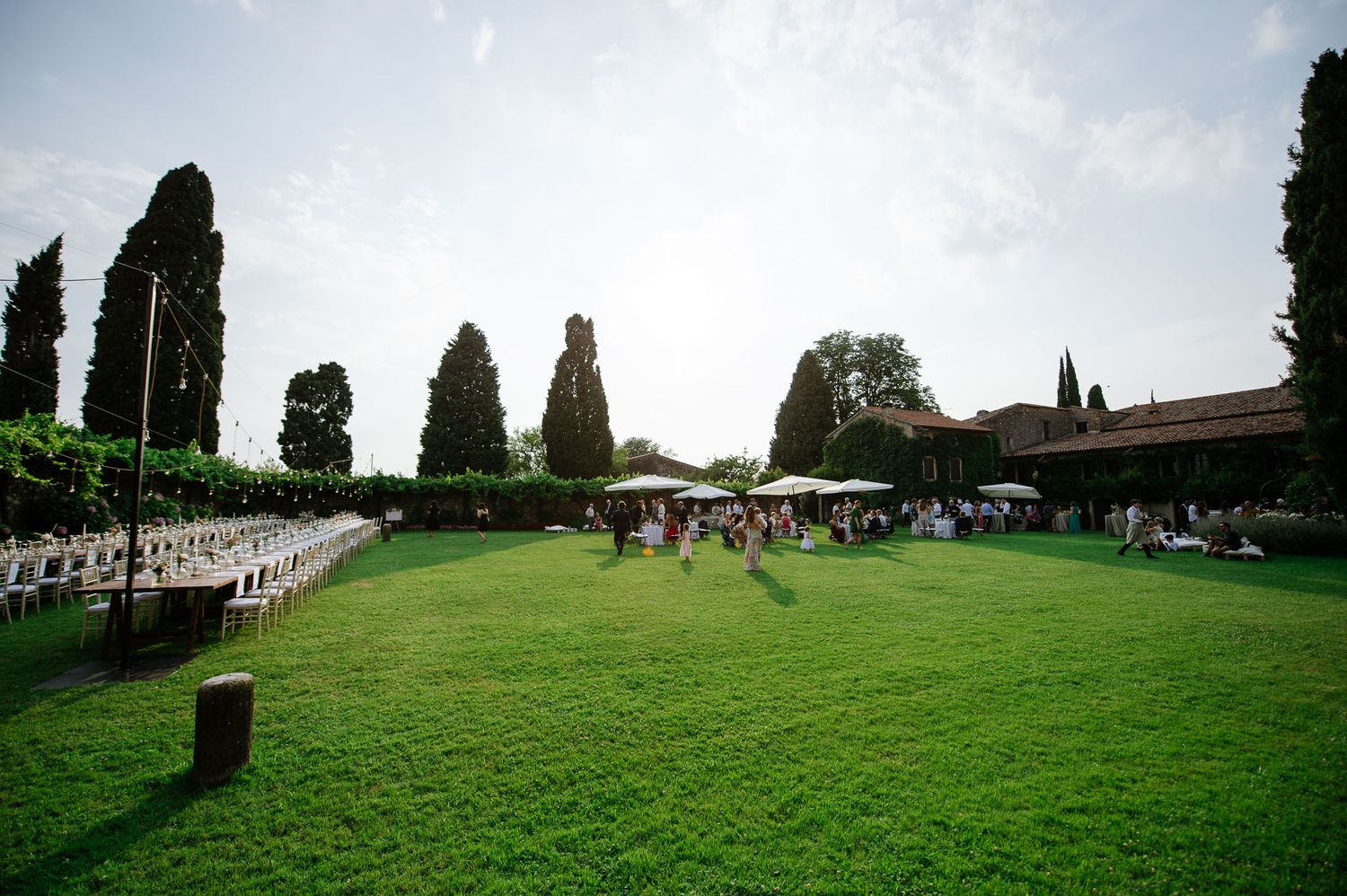 Wedding venue setup on sprawling green lawn with tall cypress trees and white chairs in rows.