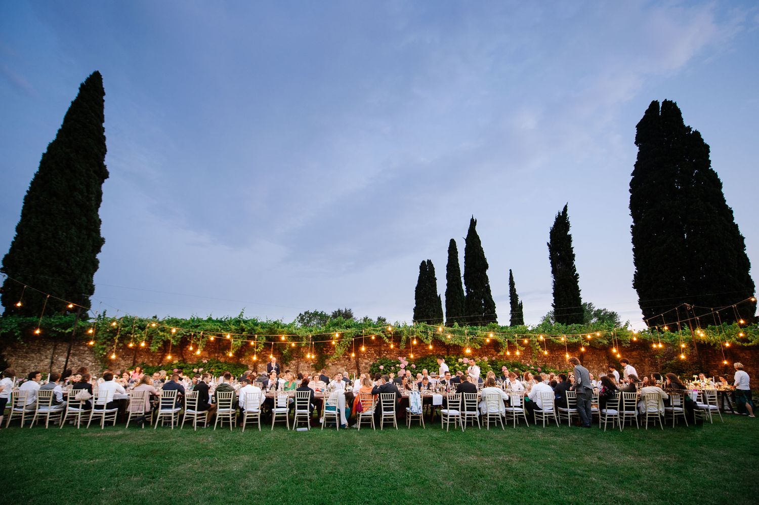 Outdoor wedding reception with cypress trees and long guest tables under blue sky.