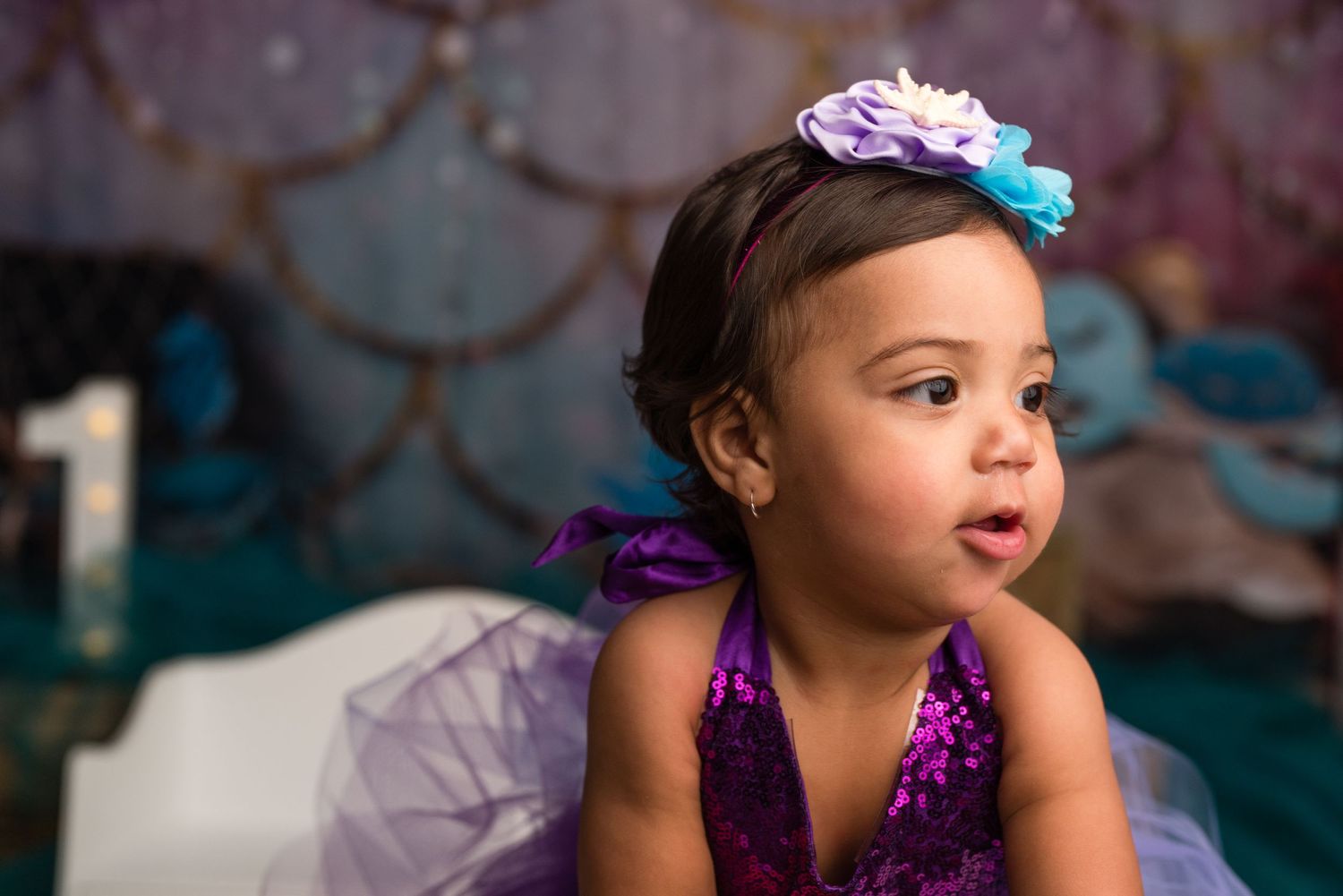 Mermaid Under the Sea 1st birthday cake smash session in a Bothell studio.  birthday photography by Filling the Frame Photography