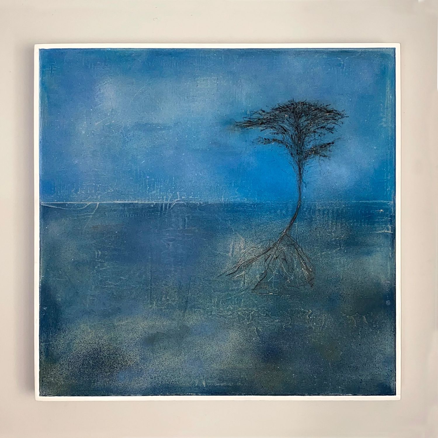 'Sea State VI' mixed media painting on canvas. Blue horizon with an isolated tree.