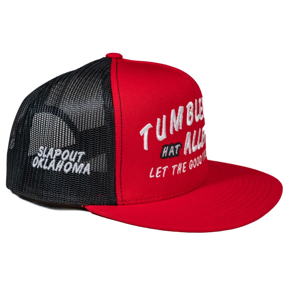 Red and black trucker hat with 'Tumble' logo and 'Let the Good Times Roll' text.