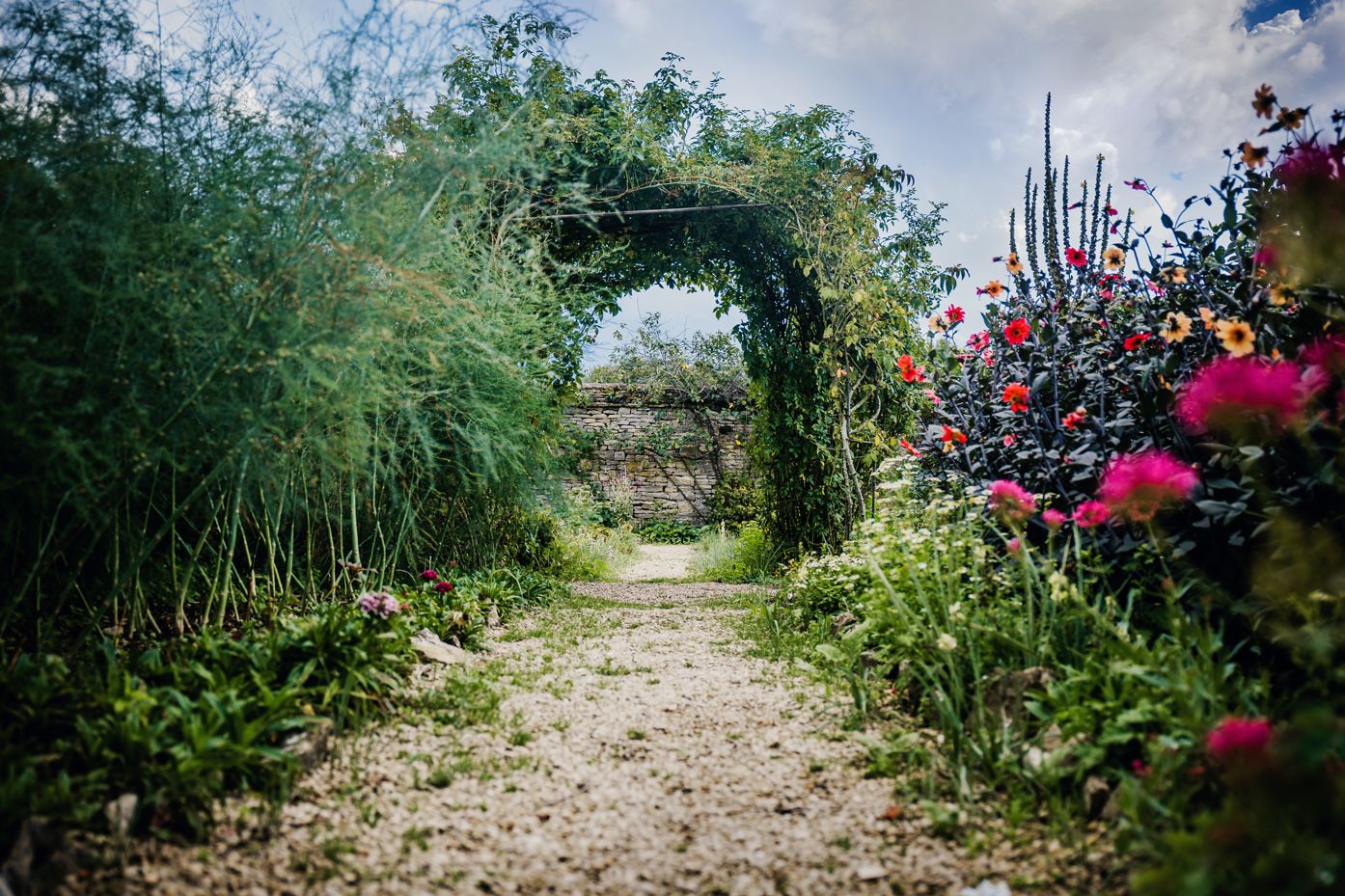 Garden archway covered in climbing plants with pink flowers and gravel path leading through.