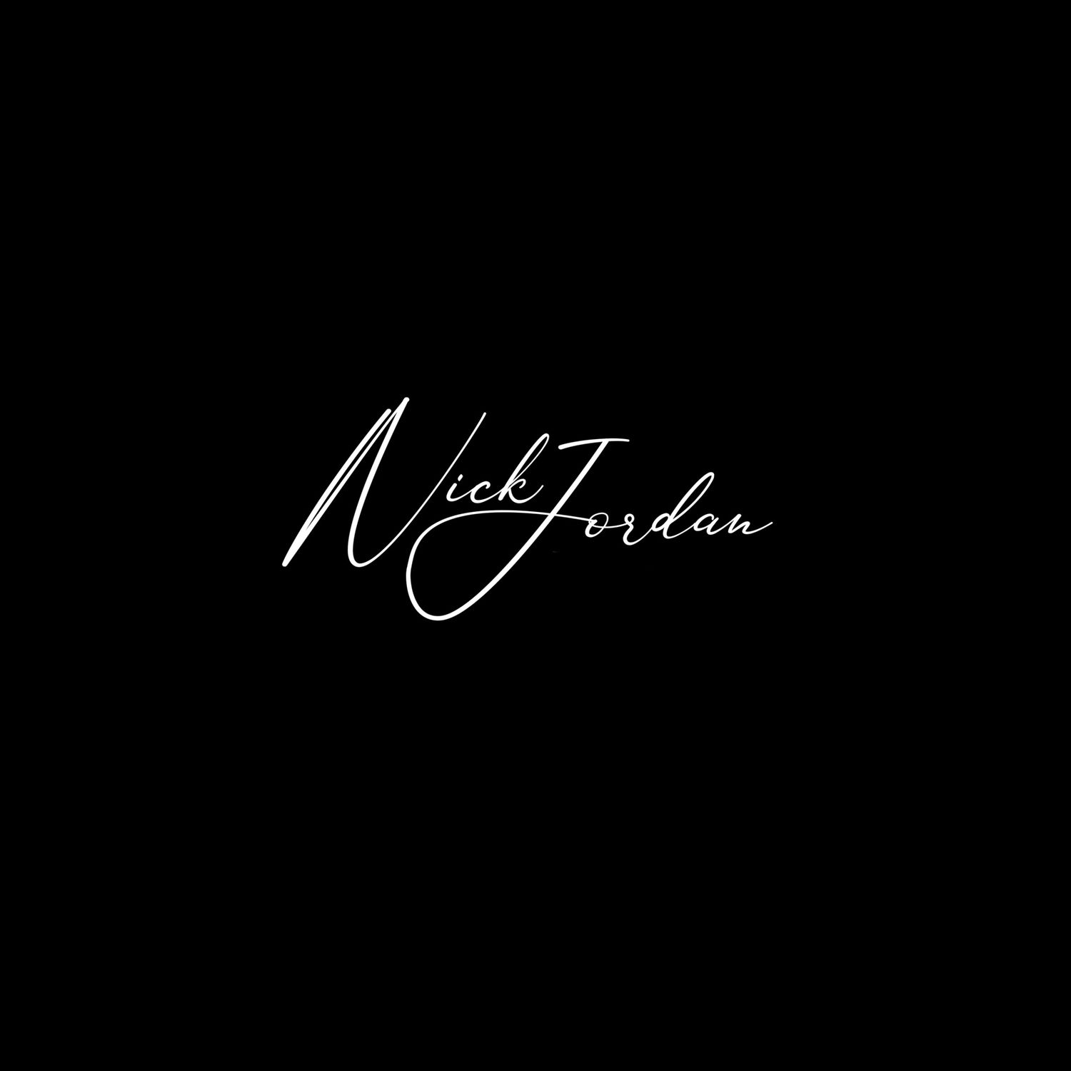 Elegant cursive signature text in white against a black background.