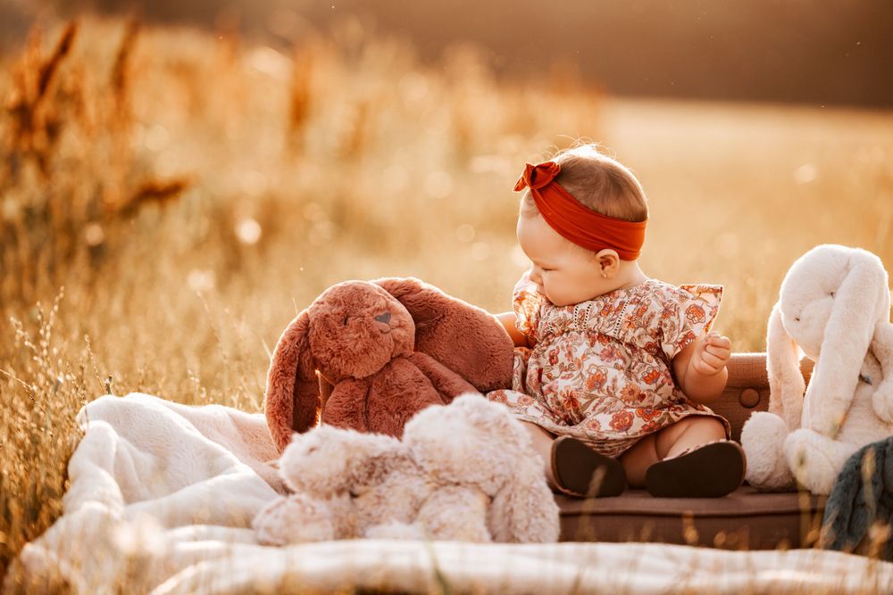 Baby sitting with stuffed animals on blanket in golden sunset field.