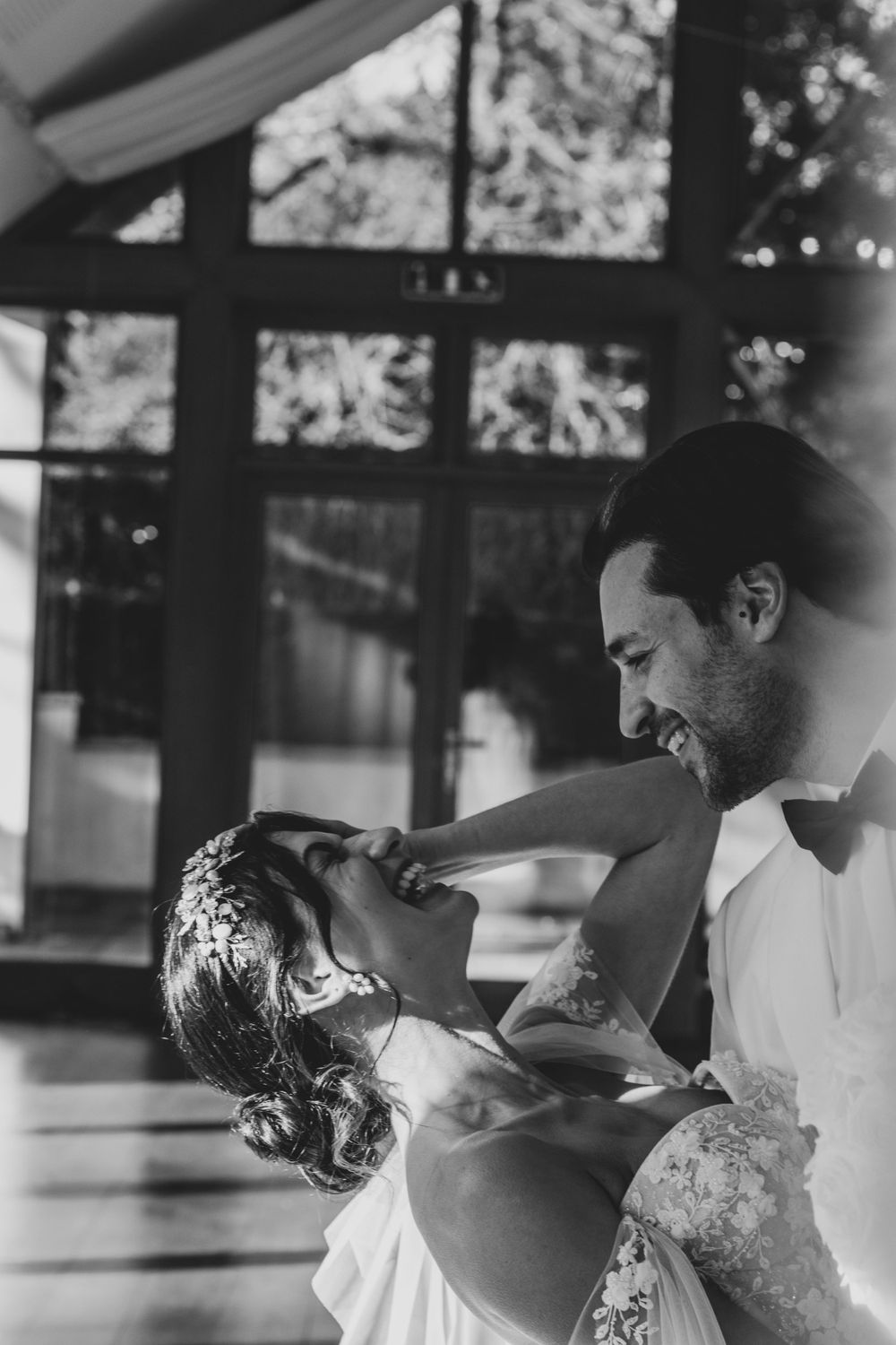 groom dipping bride back in surrey small wedding by Dominique Lauren Photography